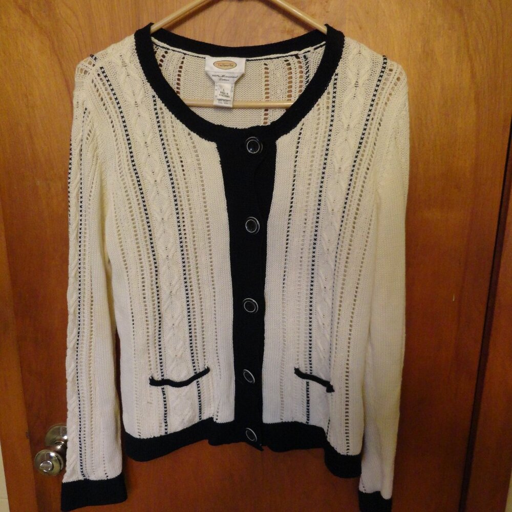 Talbot's vintage cream & blue 5 button cardigan with pockets 100% cotton  medium